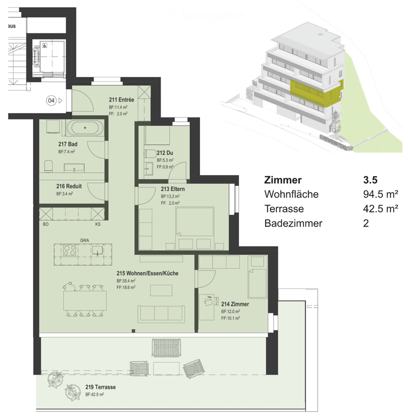 Floor plan of a 3.5-room apartment with a terrace, including living/dining/kitchen area, bedroom, bathroom, and entrance.
