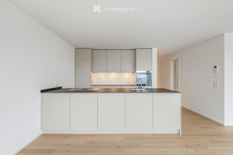 Modern kitchen with white cabinets, a central island, and a sleek black countertop. Features include a built-in oven, sink, and faucet.