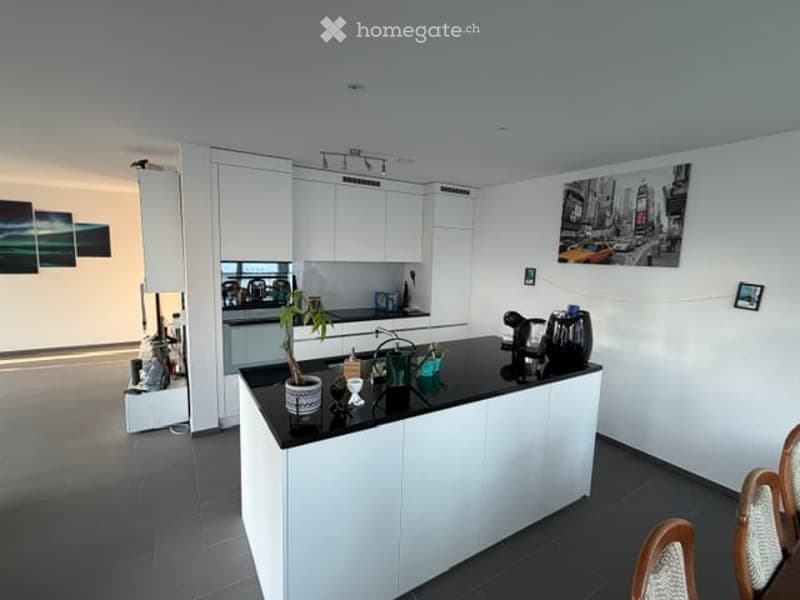 Modern kitchen with white cabinets, black countertop, island, and various decorative items including a potted plant, cups, and a mirror.