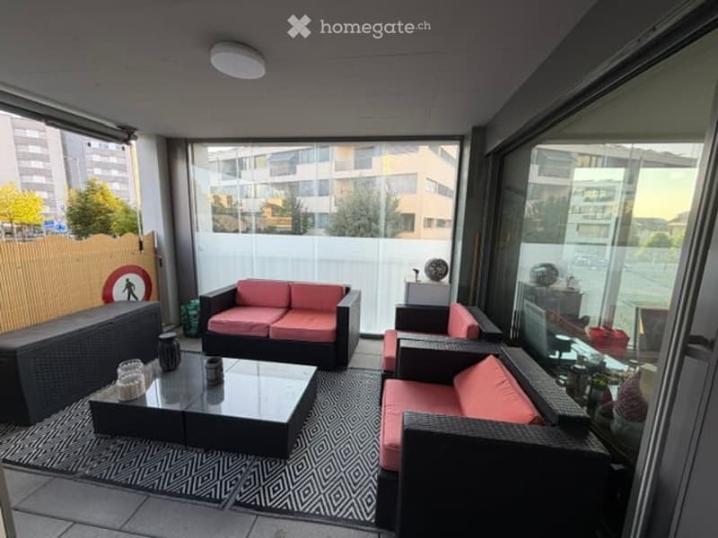 Modern outdoor seating area with a black and white patterned rug, pink cushions, and a glass coffee table.