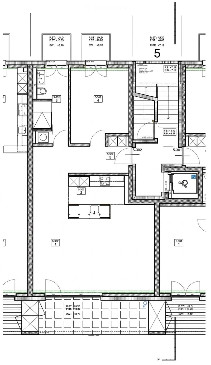 Floor plan of a multi-level building with labeled rooms and sections, including stairs, elevator, and outdoor areas.