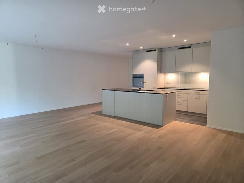 Modern kitchen with light grey cabinets, a central island with a black countertop, and a wooden floor.