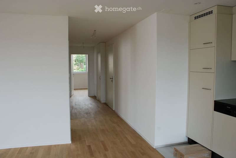 Empty hallway with light wooden flooring, white walls, and a small built-in cabinet unit on the right side. The hallway leads to an open doorway with natural light coming in from outside.
