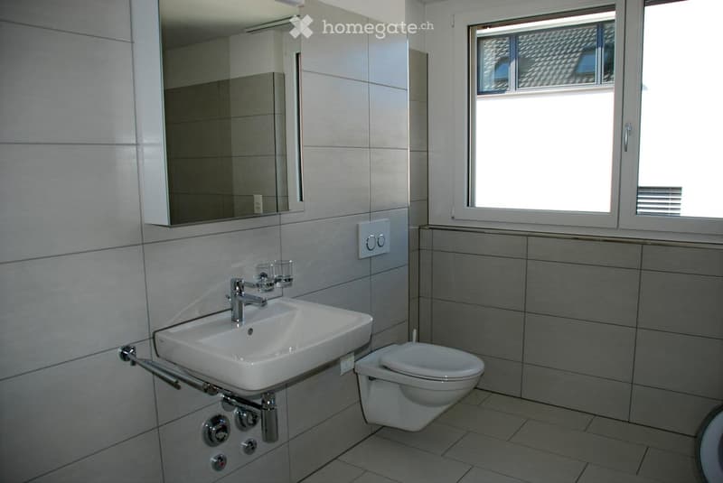 Modern bathroom with a white sink, chrome faucet, toilet, and a large mirror above the sink. The walls are tiled in light gray, and there is a window providing natural light.