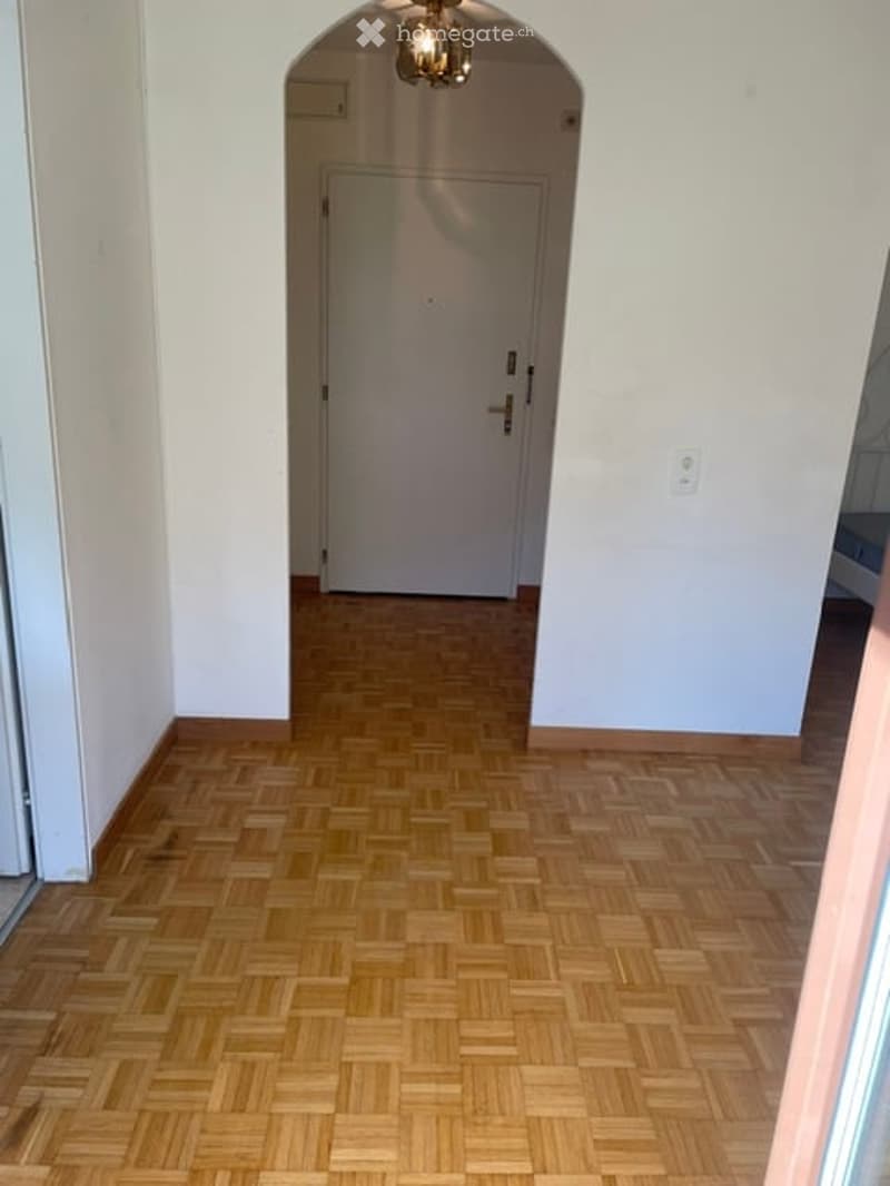 Empty hallway with wooden herringbone flooring, white walls, and a closed door at the end.