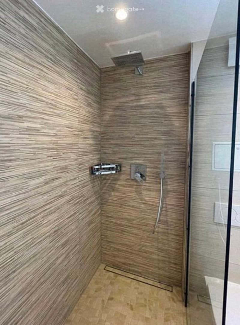 Modern shower area with wooden textured tiles, a glass partition, and a sleek showerhead and controls.
