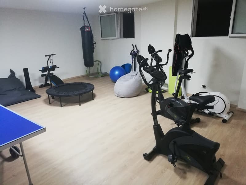 A well-equipped home gym with a ping pong table, exercise bike, treadmill, foam roller, bean bag chair, punching bag, and exercise balls.