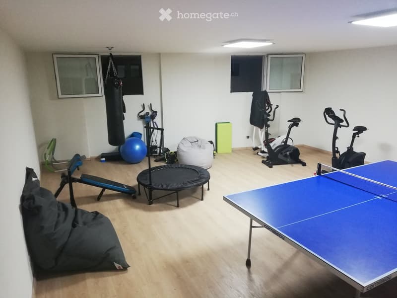 Well-lit room with wooden flooring, containing a ping pong table, exercise bike, treadmill, punching bag, exercise ball, bean bag chair, bench, and mini trampoline.