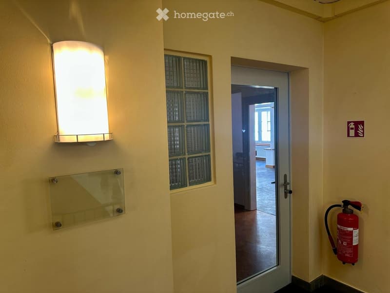 Hallway with a frosted glass window, a mounted light fixture, a fire extinguisher, and a door leading to another room.