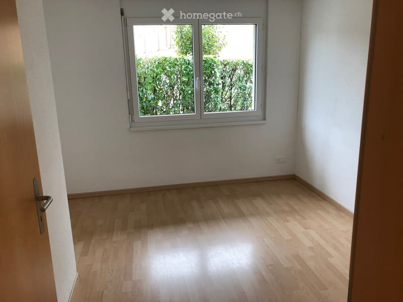 Empty room with light wooden flooring, white walls, and a large window showing greenery outside.