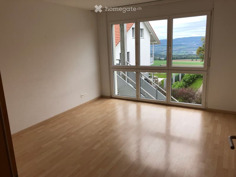 Empty room with light wooden flooring and large sliding glass doors leading to a scenic outdoor view.