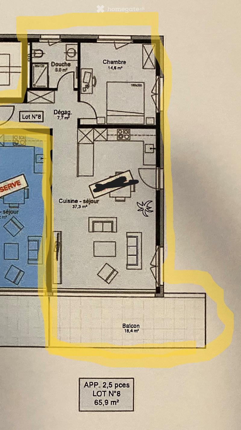 Floor plan of a 2.5-room apartment (Lot No. 8) with 65.9 m² total area, including a kitchen-dining area (37.3 m²), bedroom (14.6 m²), shower (8.0 m²), balcony (18.4 m²), and a hallway (7.7 m²).