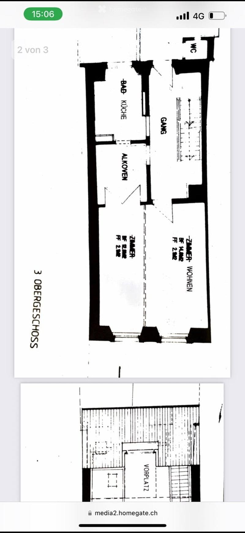 Floor plan of a 3-room apartment on the third floor, including a kitchen, living room, two bedrooms, and a hallway.