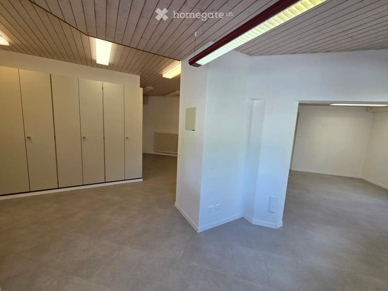 Empty room with white walls, wooden ceiling, tiled floor, built-in wardrobes, and a radiator.