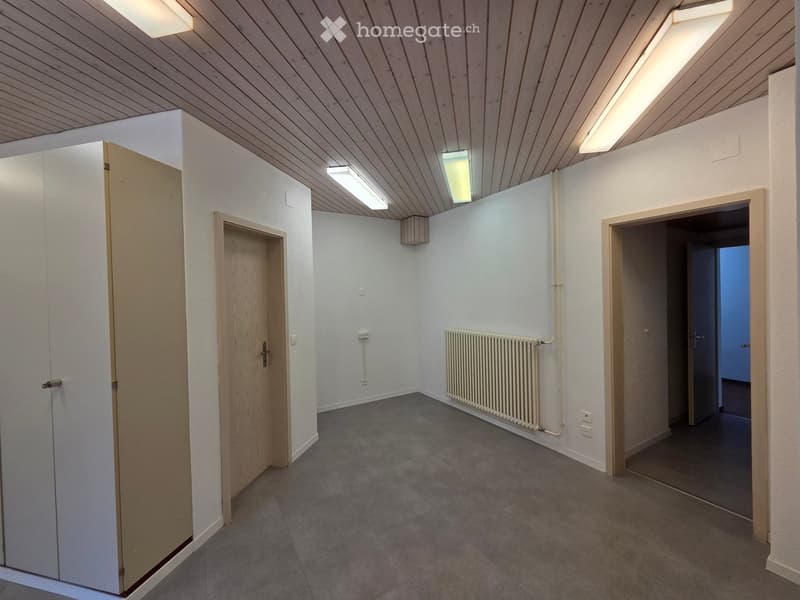 empty room, white walls, wooden ceiling, white radiator, gray floor, two doors, one with a handle