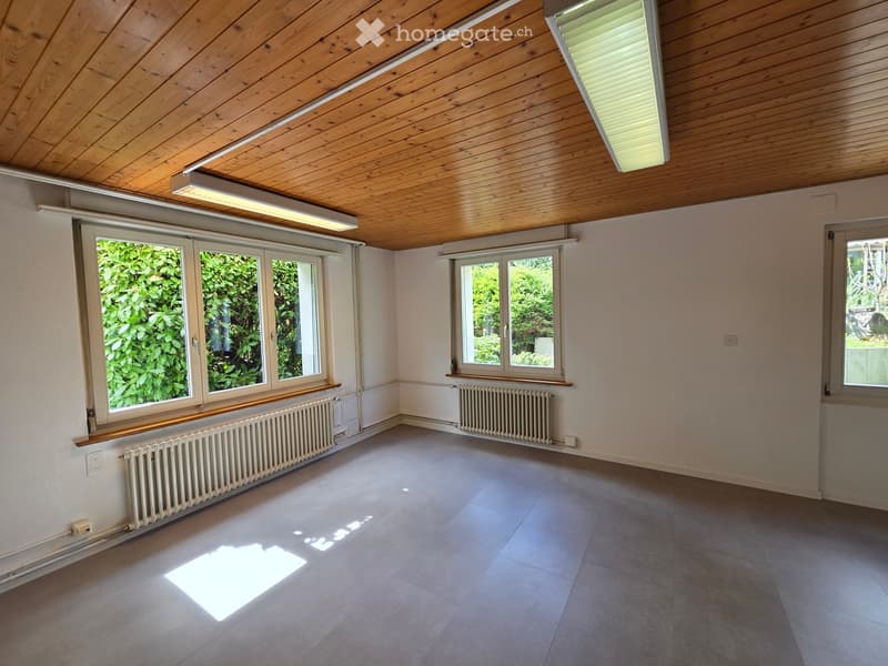 empty room, white walls, wooden ceiling, two windows, radiators, tiled floor