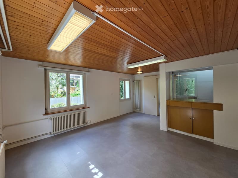 empty room, wooden ceiling, white walls, white radiator, large windows, tiled floor