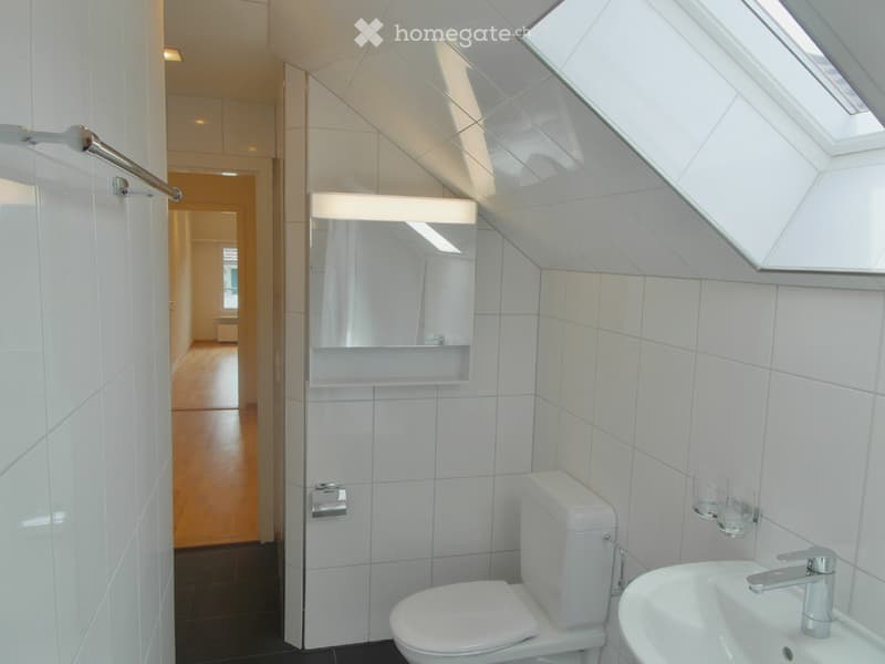 Modern bathroom with white tiles, a toilet, sink, mirror, and towel rack. The room features a skylight and a view into an adjacent hallway.