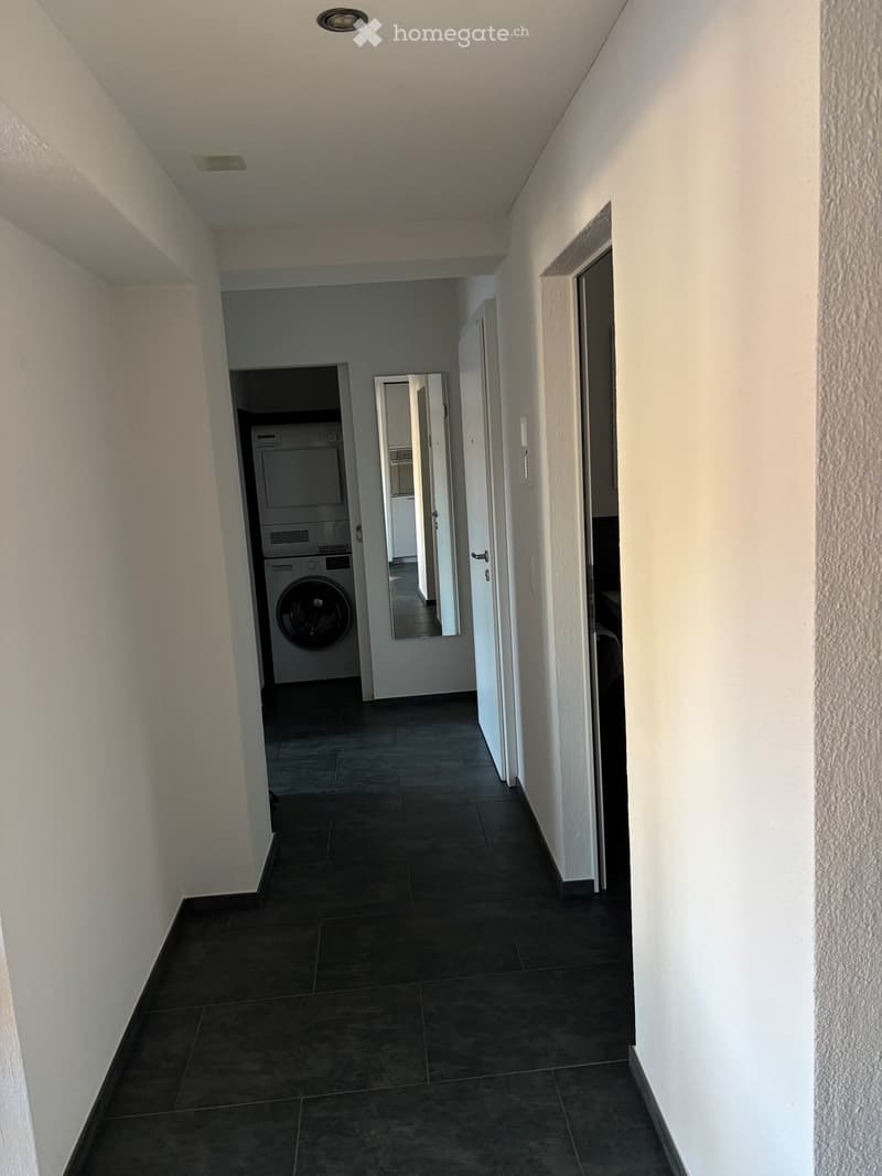 Clean, modern hallway with dark tiled flooring, white walls, and a private washing machine in a small alcove.