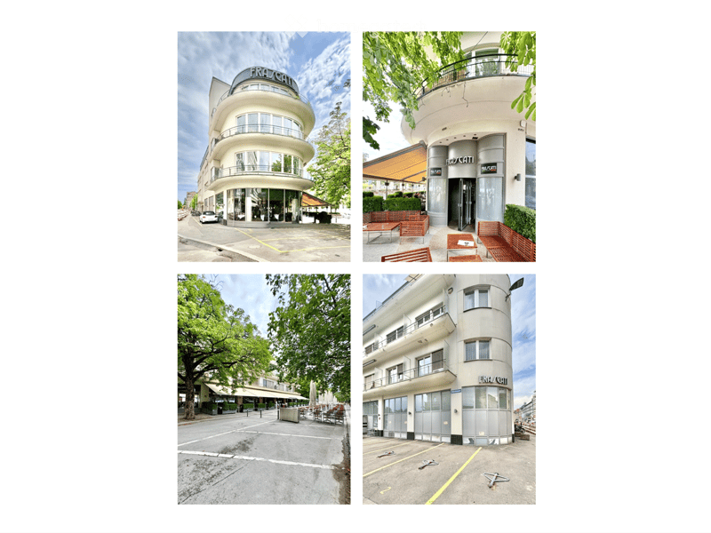 Four images of a modern, multi-story building with a curved facade, large windows, and balconies. The building is labeled "FRAZCATI" and features outdoor seating areas with tables and chairs, surrounded by greenery and trees.