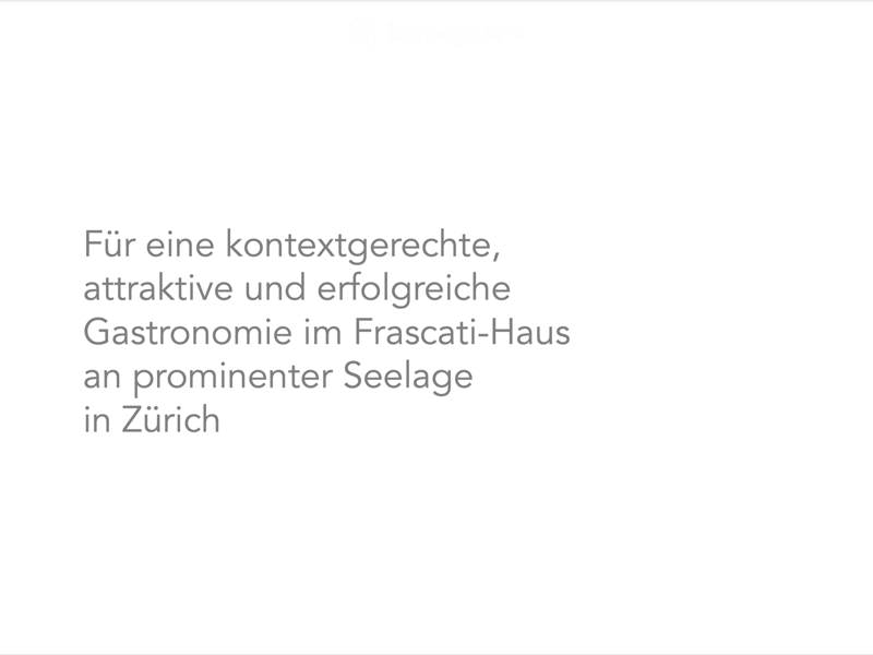 Text overlay in German promoting gastronomy at Frascati House in Zurich, located by a prominent lakeside.