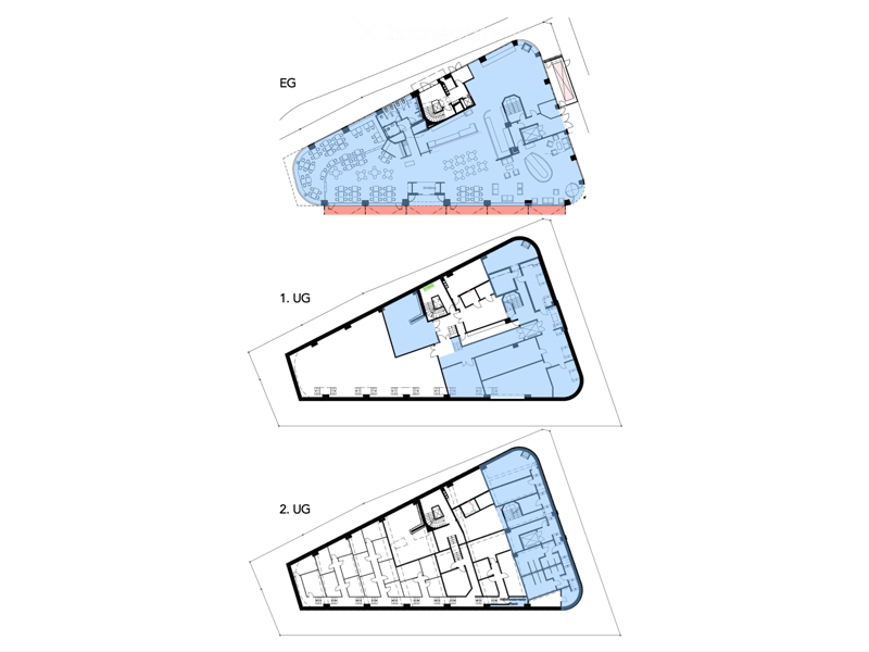 Floor plans of three levels: ground floor (EG), first underground level (1. UG), and second underground level (2. UG). Each level shows various rooms, corridors, and facilities.