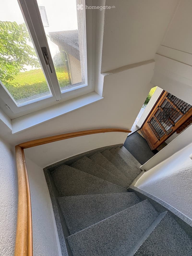Carpeted staircase with wooden handrail and wrought iron balustrade, leading to a windowed landing area.