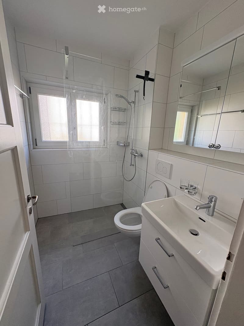 Modern bathroom with white tiles, a toilet, a sink with a faucet, a large mirror, and a glass-enclosed shower area with a showerhead.
