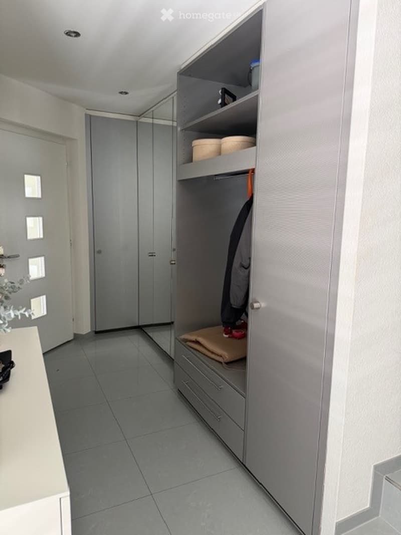 Modern hallway with grey tiled floor, built-in storage unit with shelves and drawers, coat hanging space, and a small decorative plant on a side table.