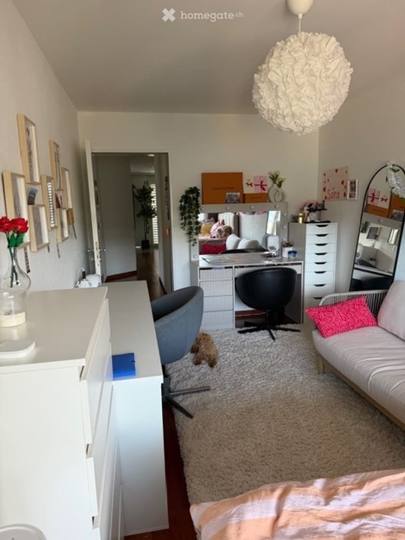 A cozy, well-furnished room with a sofa, desk, chairs, and a small dog. The room features a white cabinet, a mirror, and several picture frames on the wall.