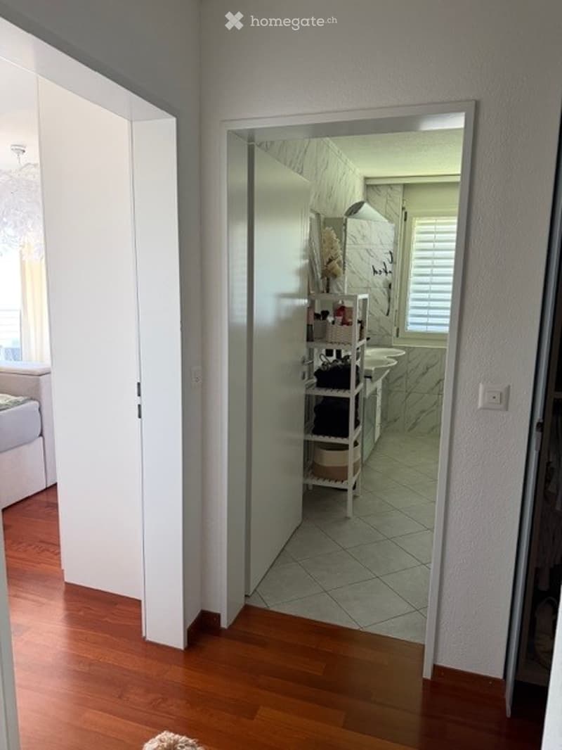 A hallway with wooden flooring leading to an open bathroom area. The bathroom features marble tiles, a sink, and a small shelf with various items.