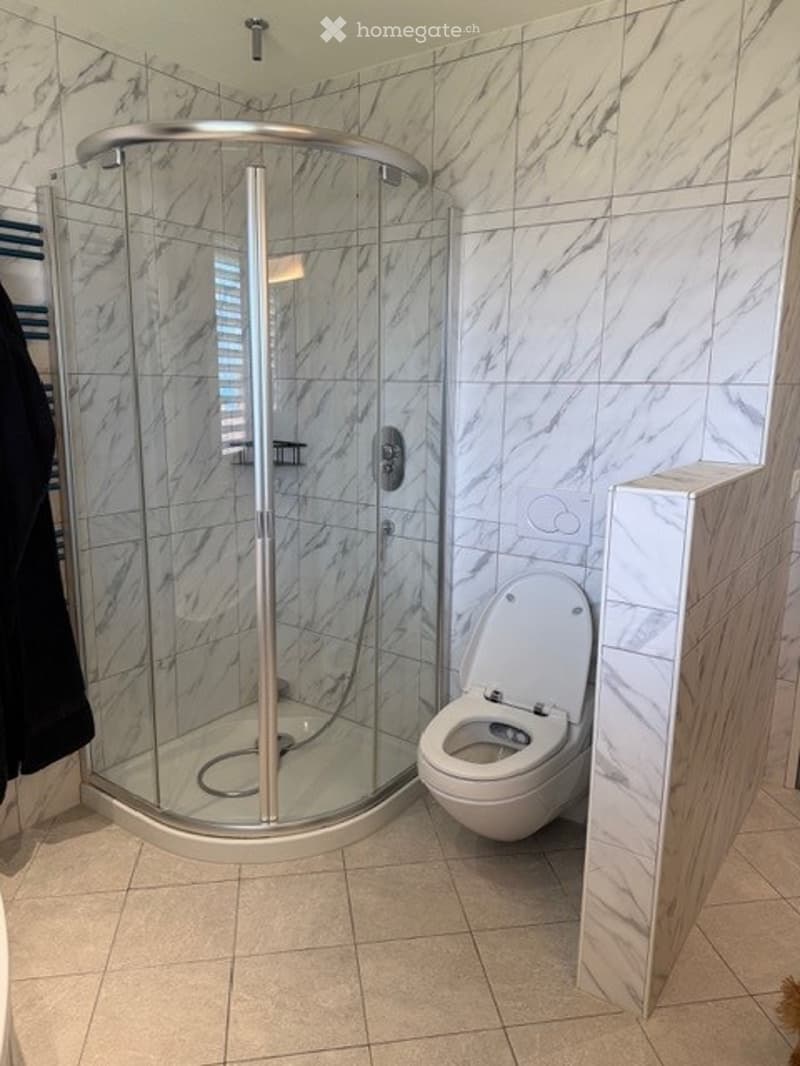 Modern bathroom with a white toilet and a glass-enclosed shower stall featuring marble tiles.