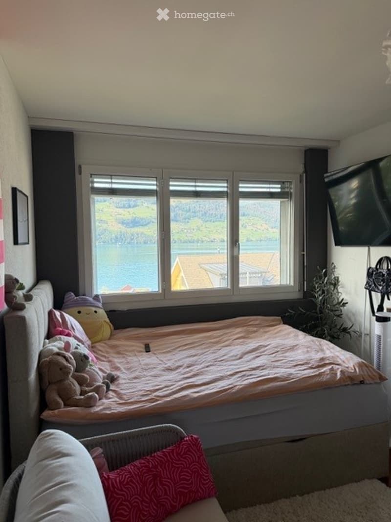 Cozy bedroom with a large window offering a scenic view of a lake and surrounding landscape. The room features a bed with colorful pillows and stuffed animals, a chair, a plant, and a television mounted on the wall.