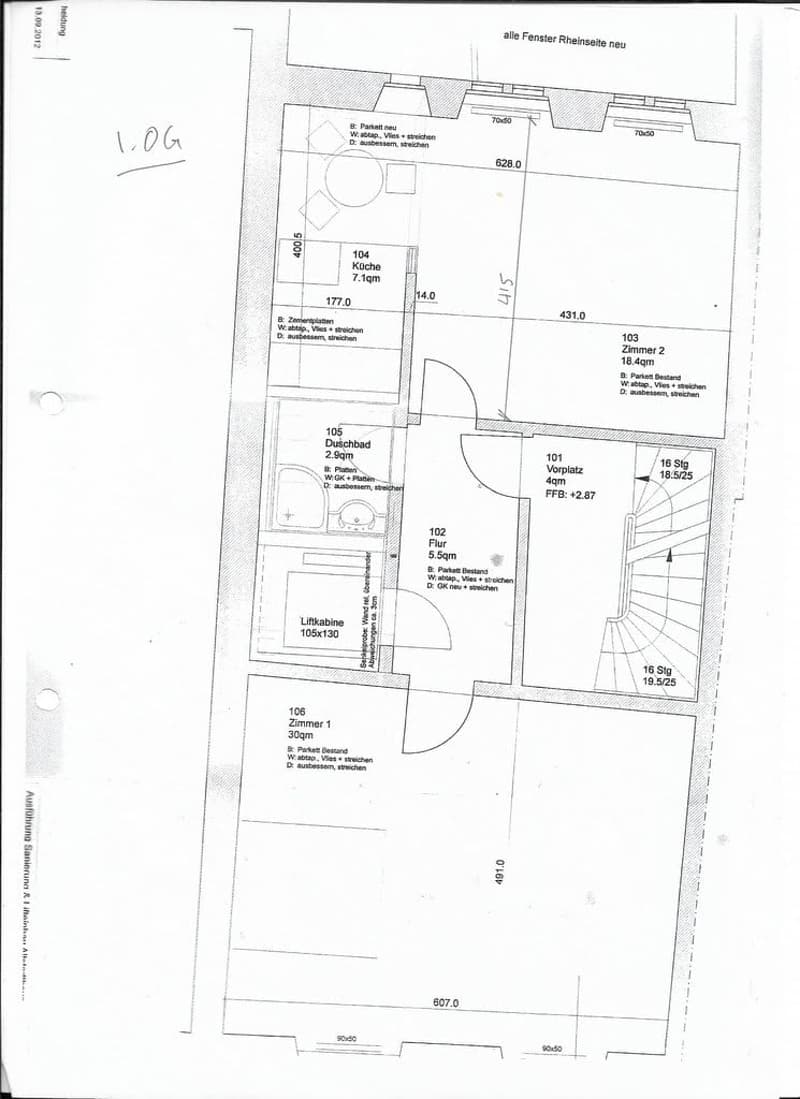 Floor plan of a 1st floor showing a kitchen, living room, two bedrooms, hallway, entrance area, and staircase.