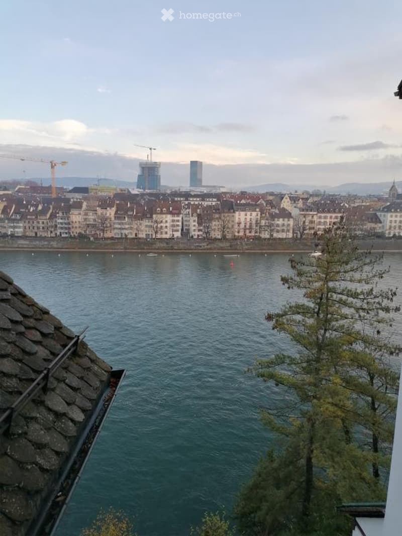 Panoramic view of a cityscape across a river, with buildings, cranes, and distant mountains visible.