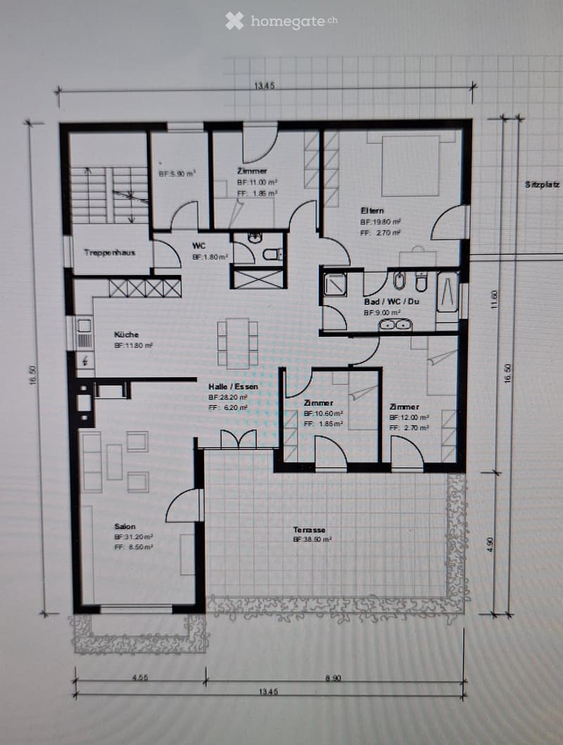 Floor plan of a house with multiple rooms including a kitchen, living room, bedrooms, bathrooms, and a terrace.