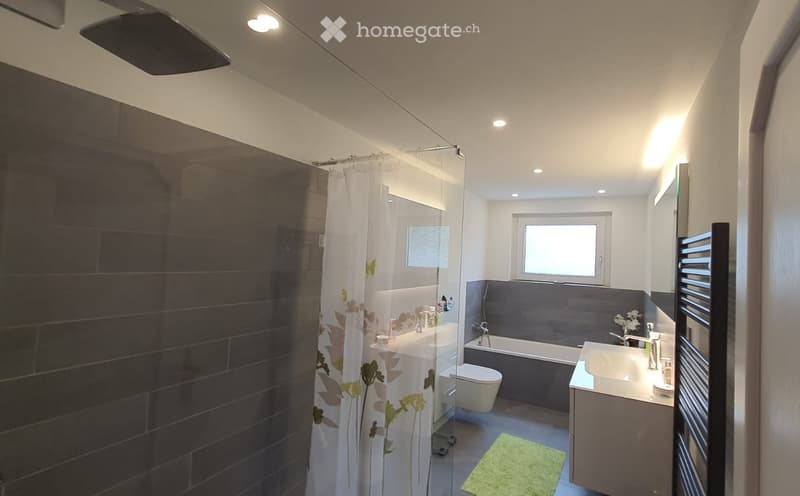 grey tiles, white sink, bathtub, toilet, built-in radiator, shower, window, rug