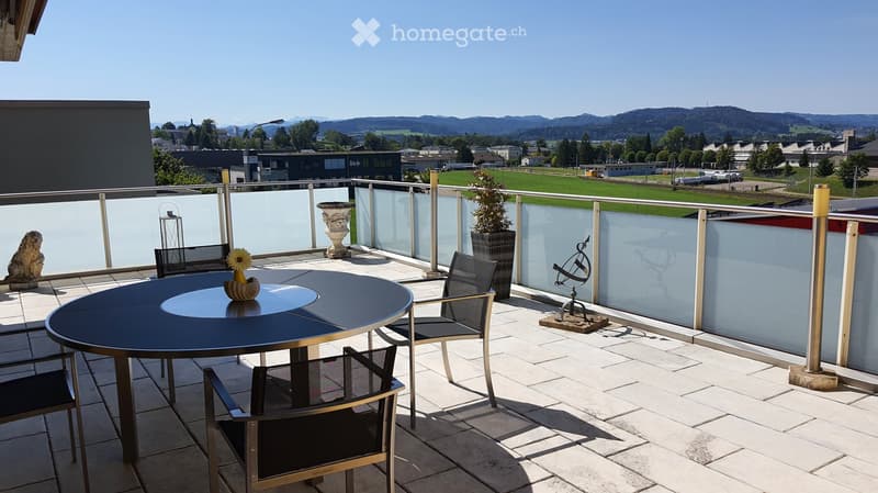 Outdoor area with table, chairs, and potted plants, featuring a glass railing and a scenic view of the surroundings.