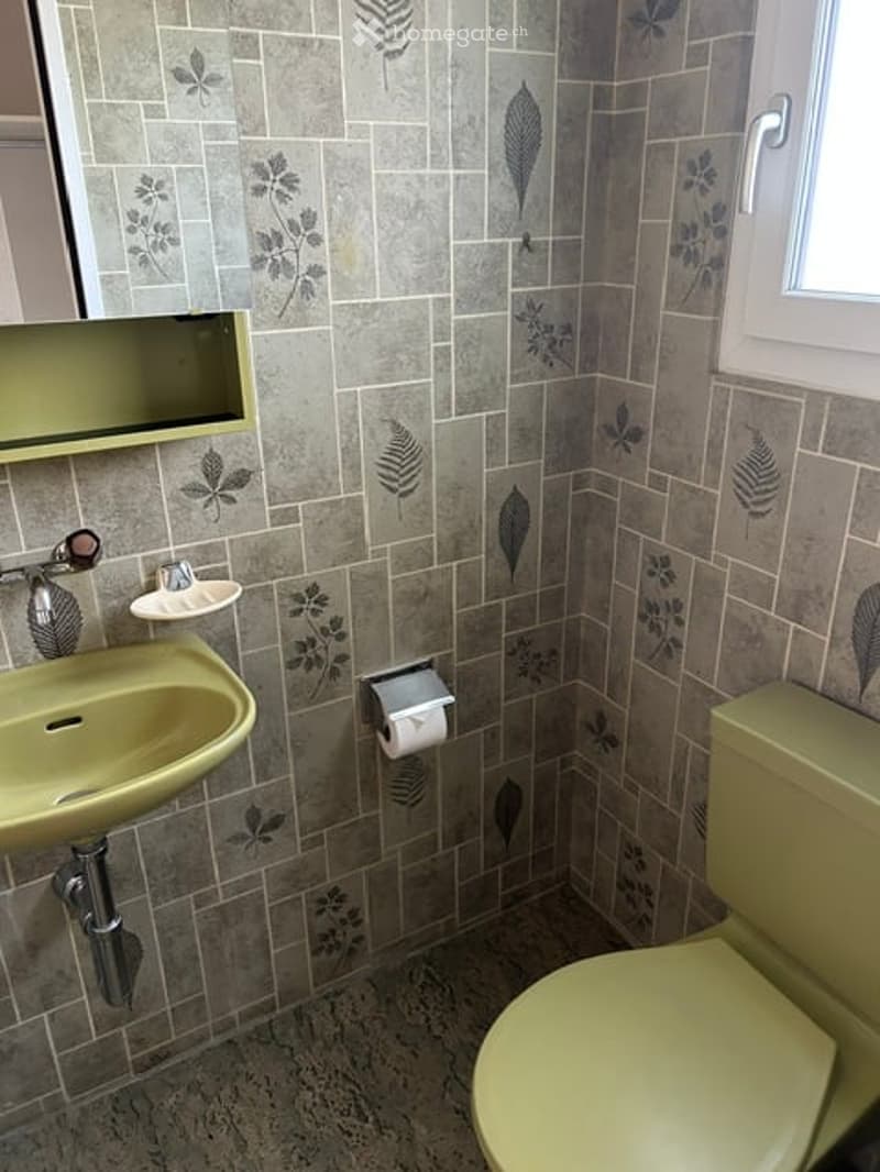 A vintage-style bathroom with grey tiled walls featuring leaf-patterned designs, a green sink, a matching green toilet, and a small shelf above the sink.