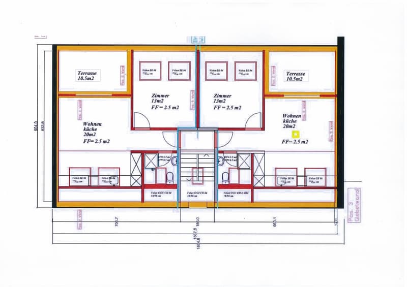 Floor plan showing a layout with two terraces, two bedrooms, two kitchens, and bathrooms.