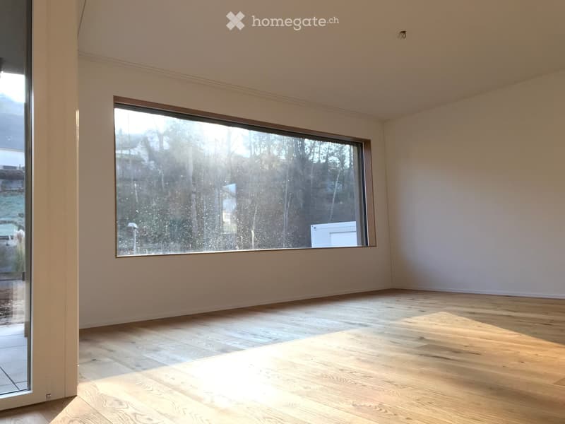 Empty room with light-colored wooden flooring and a large window with frosted glass, allowing natural light to enter.