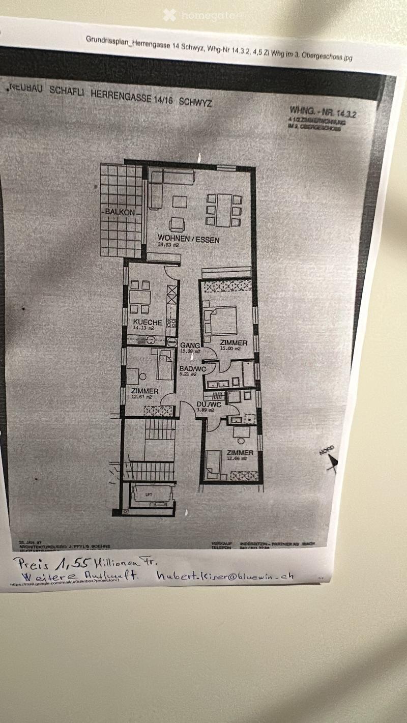 Floor plan of a 4.5-room apartment in the 3rd upper floor, including living/dining area, kitchen, three bedrooms, two bathrooms, and a balcony.