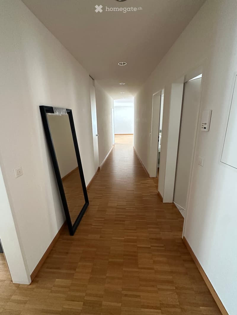 A long, narrow hallway with wooden flooring, white walls, and recessed ceiling lighting. A large mirror is mounted on the left wall, and several doors are visible along the corridor.