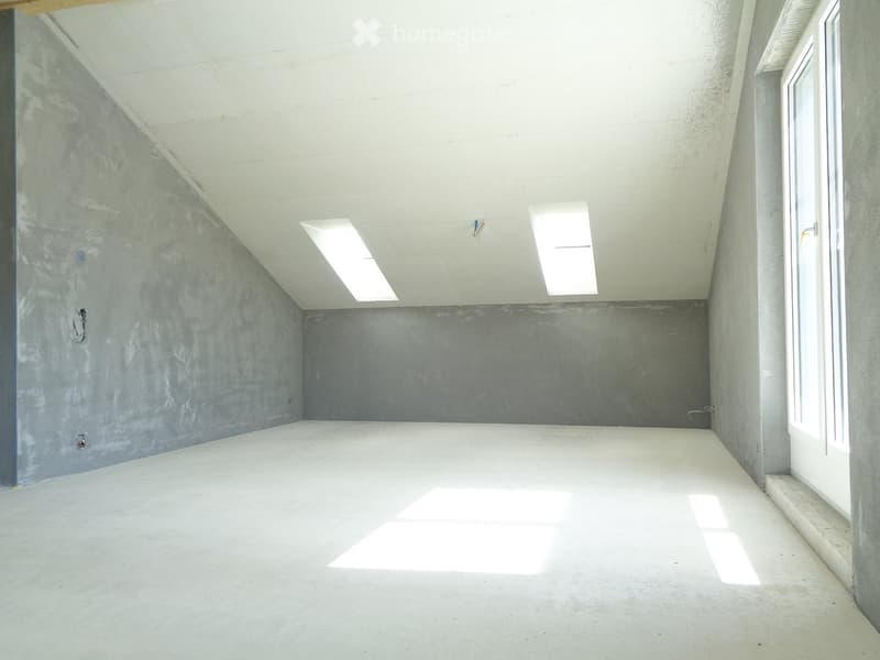 Empty room with concrete walls and floor, skylights, and a window, no furniture or equipment.
