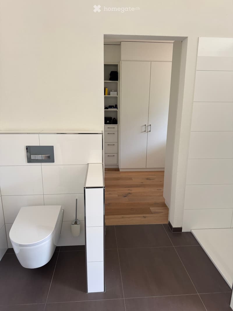 Modern bathroom with white tiles, dark floor tiles, a toilet, and built-in white cabinets with drawers and shelves.