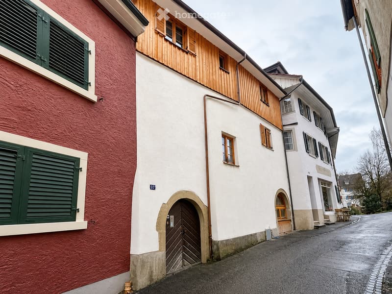 A row of traditional European buildings with varied facades, including red brick, white plaster, and wooden elements. Features include green shutters, arched doorways, and small outdoor seating areas.