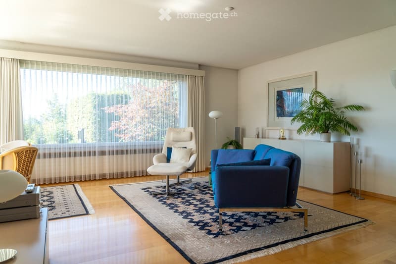 Modern living room with light wooden flooring, large windows with sheer curtains, a blue sofa, white chairs, a floor lamp, a small table with a plant, and decorative rugs.