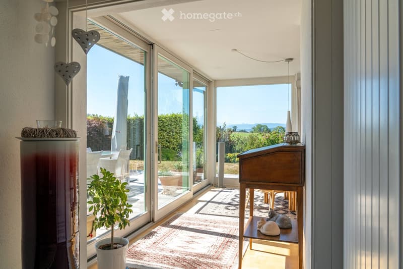 Bright living room with large glass doors opening to a patio, featuring a wooden side table with decorative items, a potted plant, and a patterned rug.