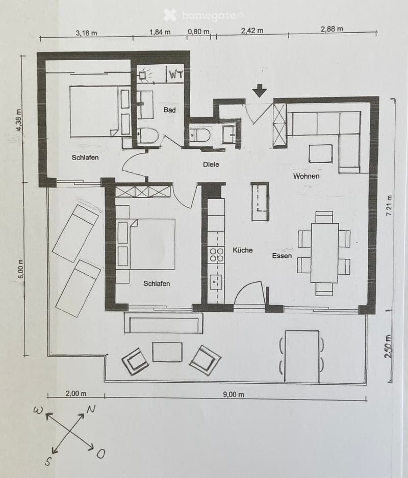 Floor plan of a house with multiple rooms including a kitchen, dining area, living room, bedrooms, and a bathroom.
