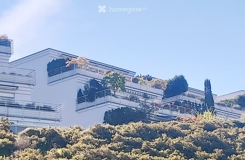 Modern multi-story building with balconies and greenery on the roof, situated on a raised ground floor with a view of the ocean.